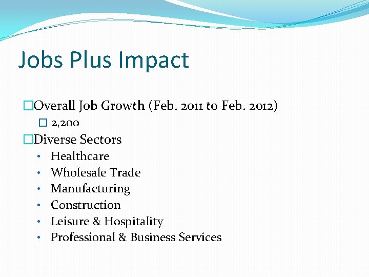 Jobs Plus Impact �Overall Job Growth (Feb. 2011 to Feb. 2012) � 2, 200