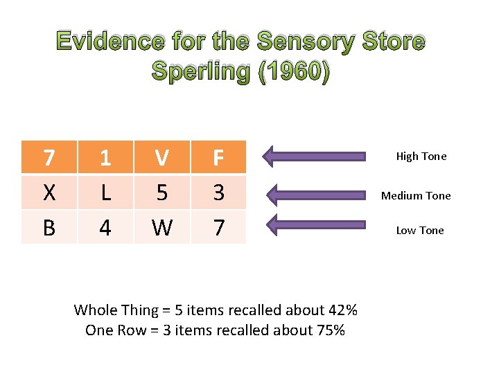 Evidence for the Sensory Store Sperling (1960) 7 X B 1 L 4 V