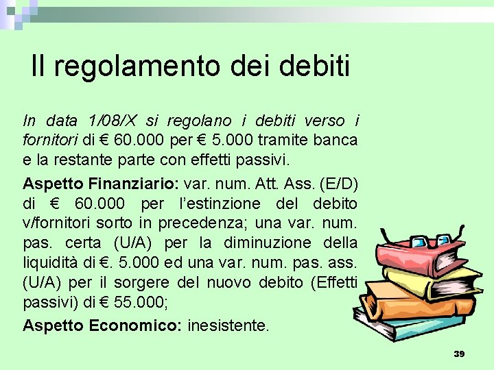 Il regolamento dei debiti In data 1/08/X si regolano i debiti verso i fornitori