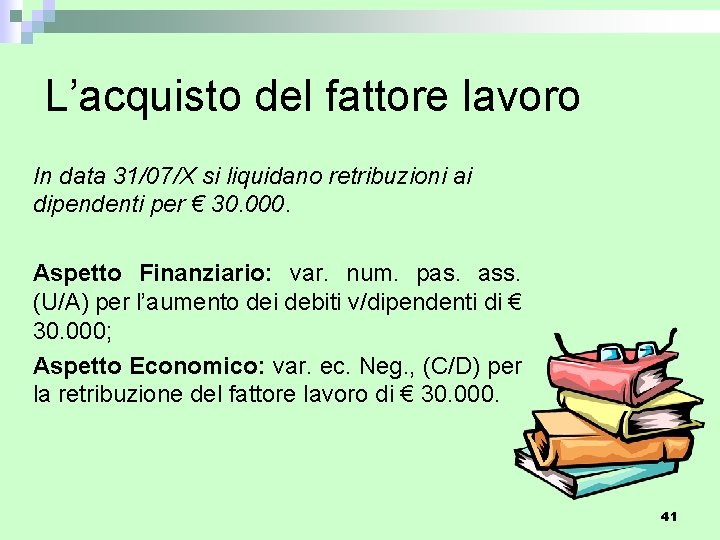 L’acquisto del fattore lavoro In data 31/07/X si liquidano retribuzioni ai dipendenti per €