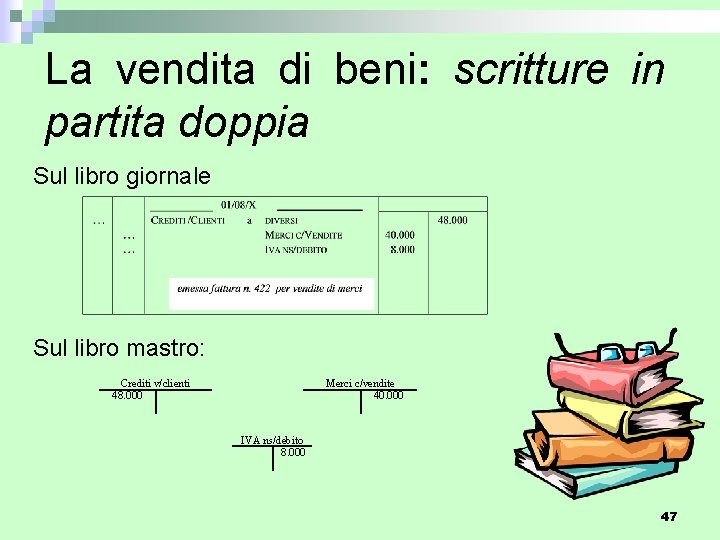 La vendita di beni: scritture in partita doppia Sul libro giornale Sul libro mastro: