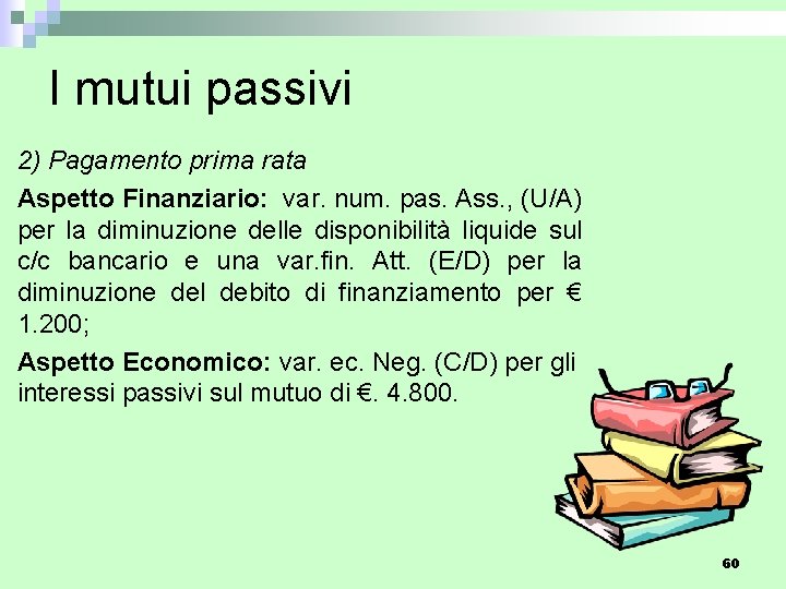 I mutui passivi 2) Pagamento prima rata Aspetto Finanziario: var. num. pas. Ass. ,