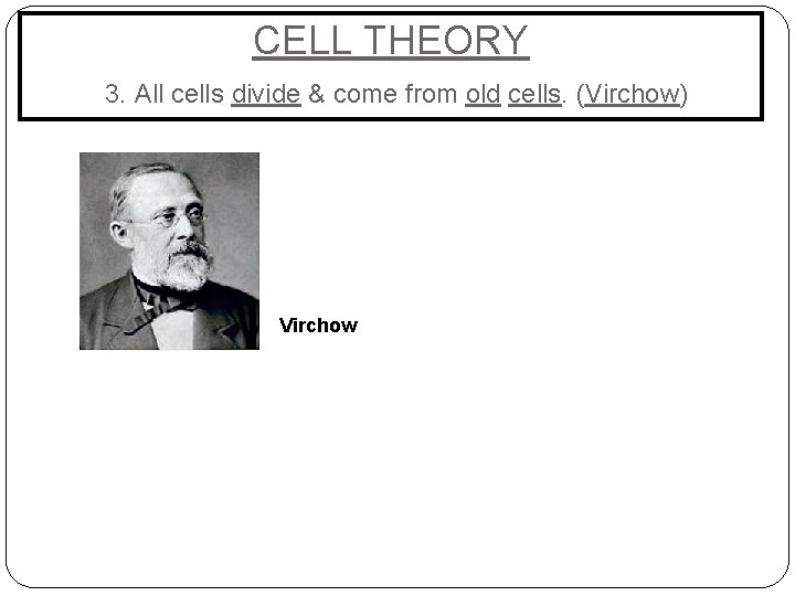 CELL THEORY 3. All cells divide & come from old cells. (Virchow) Virchow 