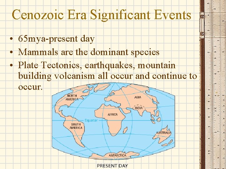 Cenozoic Era Significant Events • 65 mya-present day • Mammals are the dominant species