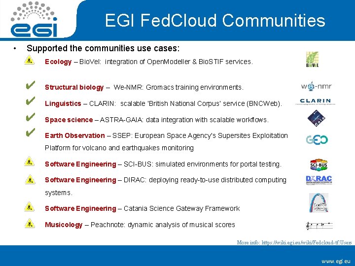 EGI Fed. Cloud Communities • Supported the communities use cases: • ✔ • ✔