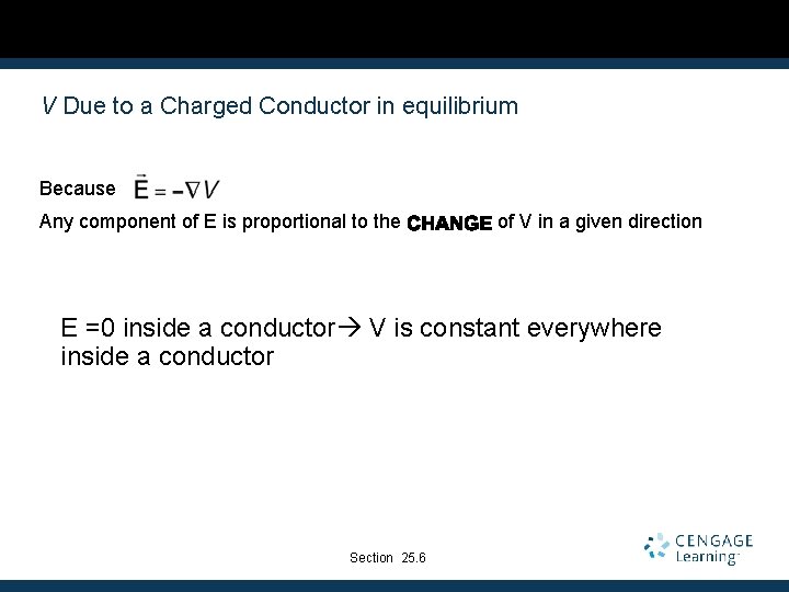 V Due to a Charged Conductor in equilibrium Because Any component of E is