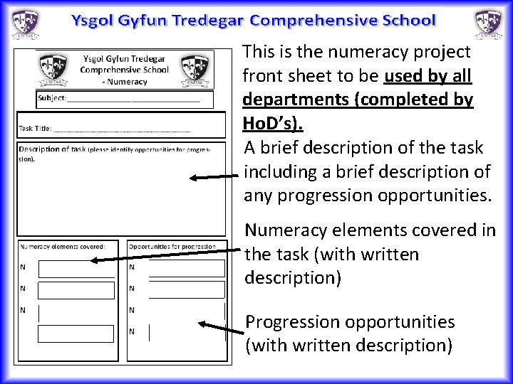This is the numeracy project front sheet to be used by all departments (completed
