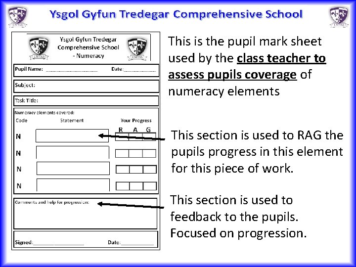 This is the pupil mark sheet used by the class teacher to assess pupils