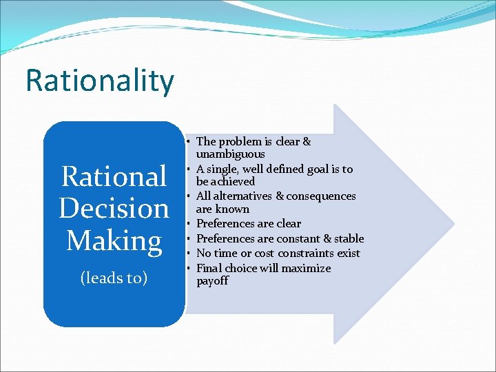 Rationality Rational Decision Making (leads to) • The problem is clear & unambiguous •