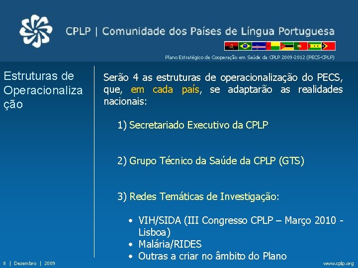 Plano Estratégico de Cooperação em Saúde da CPLP 2009 -2012 (PECS-CPLP) Estruturas de Operacionaliza