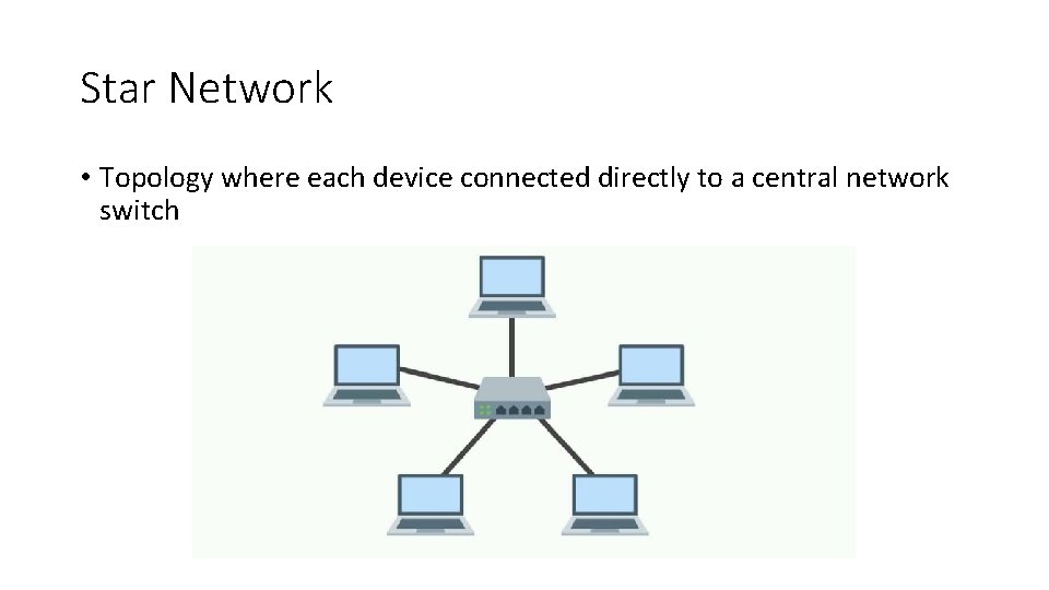 Star Network • Topology where each device connected directly to a central network switch