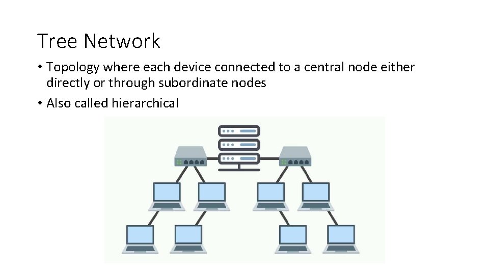 Tree Network • Topology where each device connected to a central node either directly