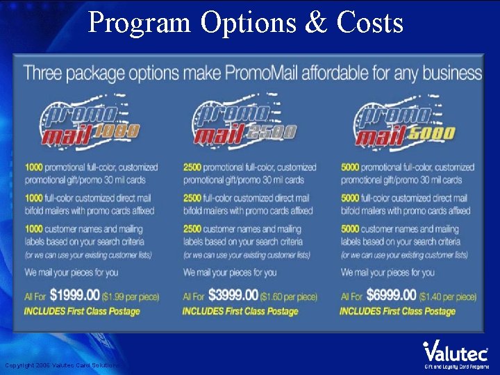 Program Options & Costs Copyright 2006 Valutec Card Solutions 