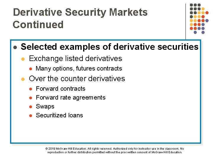 Derivative Security Markets Continued l Selected examples of derivative securities l Exchange listed derivatives