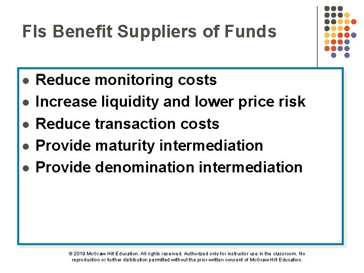 FIs Benefit Suppliers of Funds l l l Reduce monitoring costs Increase liquidity and
