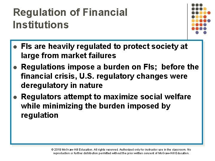 Regulation of Financial Institutions l l l FIs are heavily regulated to protect society