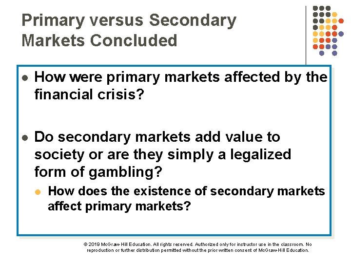 Primary versus Secondary Markets Concluded l How were primary markets affected by the financial
