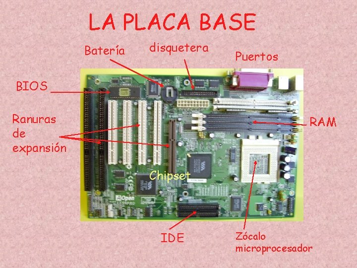 LA PLACA BASE Batería disquetera Puertos BIOS Ranuras de expansión RAM Chipset IDE Zócalo