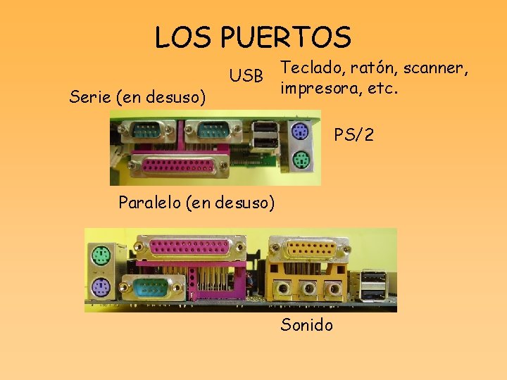 LOS PUERTOS Serie (en desuso) USB Teclado, ratón, scanner, impresora, etc. PS/2 Paralelo (en