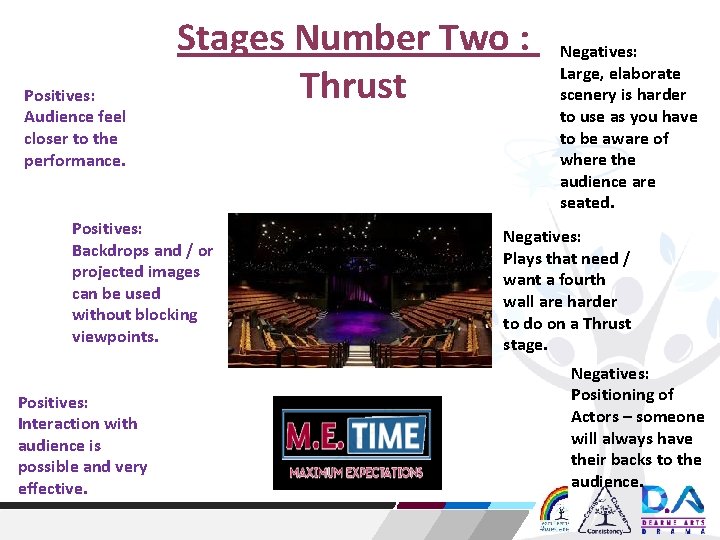 Positives: Audience feel closer to the performance. Stages Number Two : Thrust Positives: Backdrops Positives: Audience feel closer to the performance. Stages Number Two : Thrust Positives: Backdrops