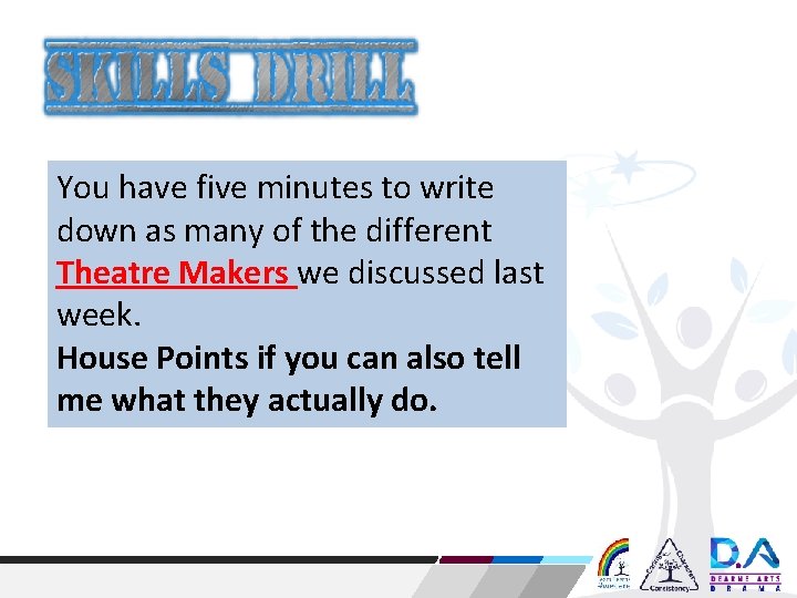 You have five minutes to write down as many of the different Theatre Makers You have five minutes to write down as many of the different Theatre Makers
