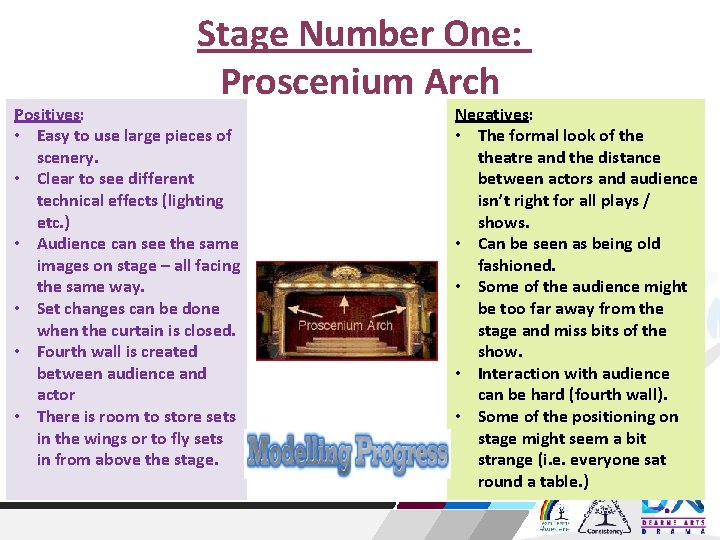 Stage Number One: Proscenium Arch Positives: • Easy to use large pieces of scenery. Stage Number One: Proscenium Arch Positives: • Easy to use large pieces of scenery.