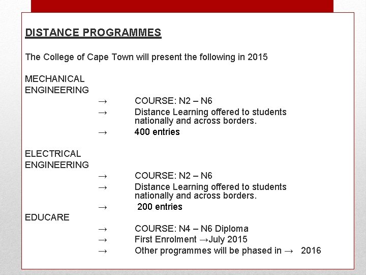 DISTANCE PROGRAMMES The College of Cape Town will present the following in 2015 MECHANICAL