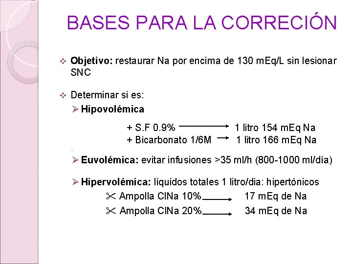 BASES PARA LA CORRECIÓN v Objetivo: restaurar Na por encima de 130 m. Eq/L