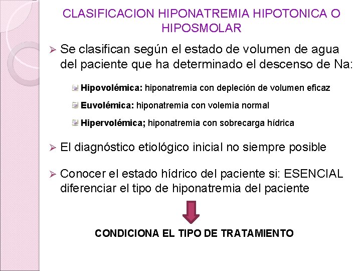 CLASIFICACION HIPONATREMIA HIPOTONICA O HIPOSMOLAR Ø Se clasifican según el estado de volumen de