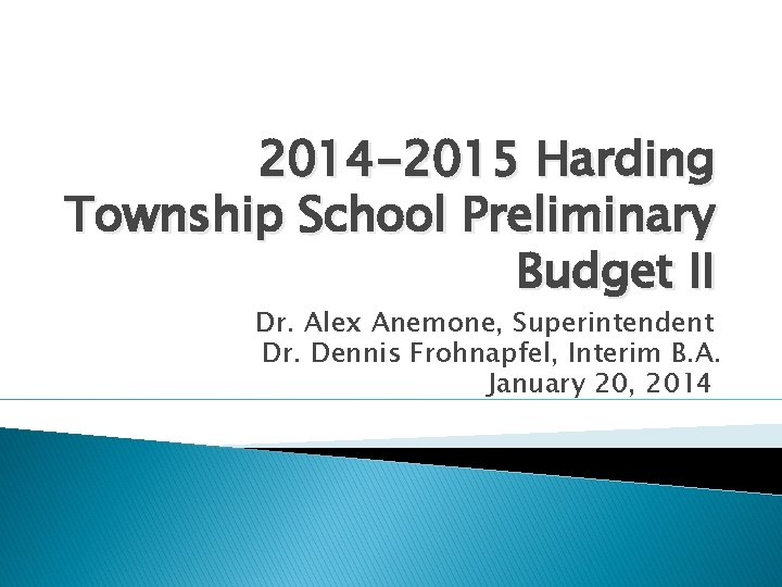 2014 -2015 Harding Township School Preliminary Budget II Dr. Alex Anemone, Superintendent Dr. Dennis