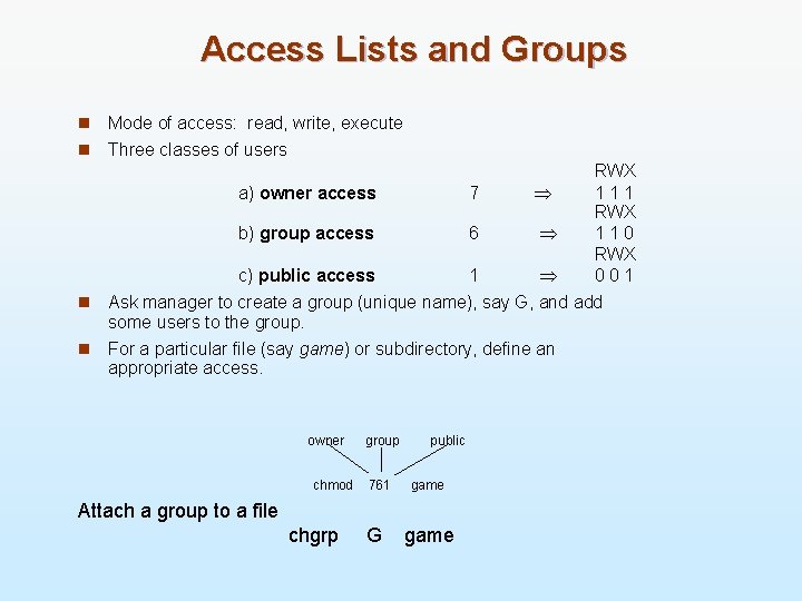 Access Lists and Groups n Mode of access: read, write, execute n Three classes