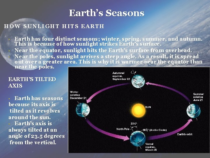Earth’s Seasons HOW SUNLIGHT HITS EARTH • • • Earth has four distinct seasons; Earth’s Seasons HOW SUNLIGHT HITS EARTH • • • Earth has four distinct seasons;