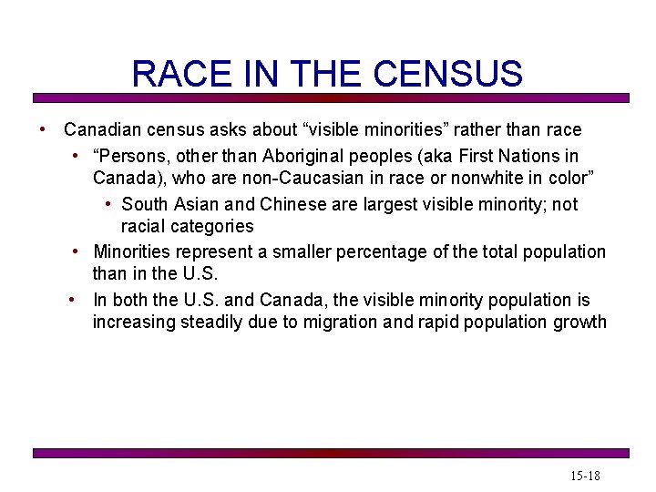 RACE IN THE CENSUS • Canadian census asks about “visible minorities” rather than race