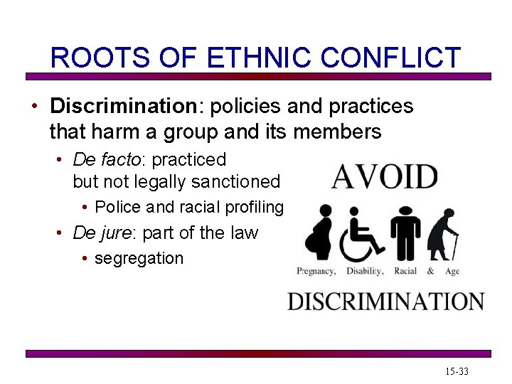 ROOTS OF ETHNIC CONFLICT • Discrimination: policies and practices that harm a group and