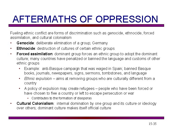 AFTERMATHS OF OPPRESSION Fueling ethnic conflict are forms of discrimination such as genocide, ethnocide,