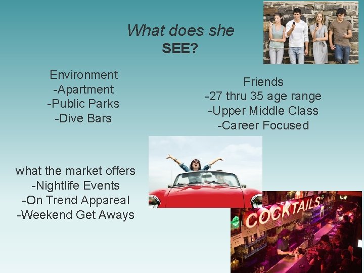 What does she SEE? Environment -Apartment -Public Parks -Dive Bars what the market offers