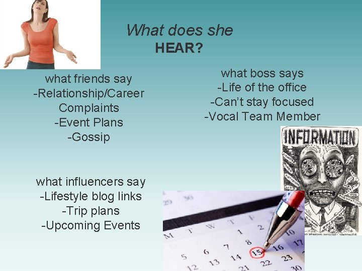 What does she HEAR? what friends say -Relationship/Career Complaints -Event Plans -Gossip what influencers