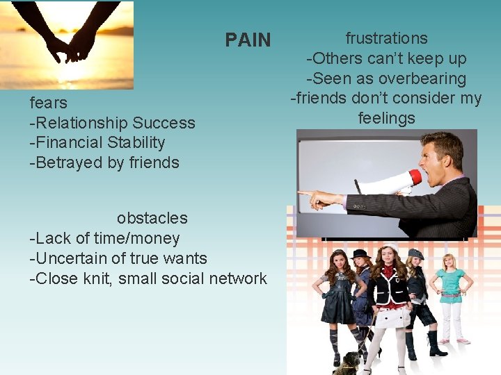 PAIN fears -Relationship Success -Financial Stability -Betrayed by friends obstacles -Lack of time/money -Uncertain