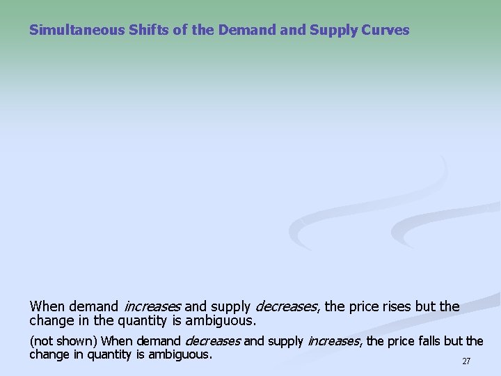 Simultaneous Shifts of the Demand Supply Curves When demand increases and supply decreases, the