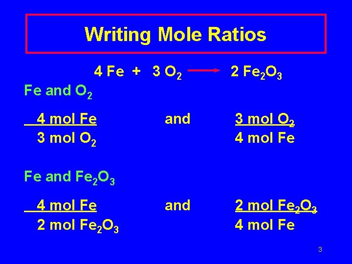 Writing Mole Ratios 4 Fe + 3 O 2 2 Fe 2 O 3