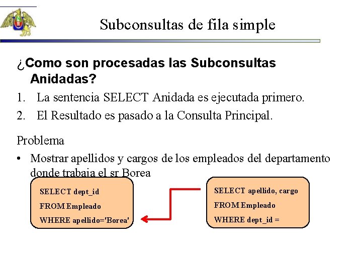 Subconsultas de fila simple ¿Como son procesadas las Subconsultas Anidadas? 1. La sentencia SELECT