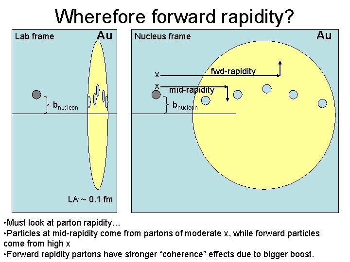 Wherefore forward rapidity? Au Lab frame x x bnucleon Au Nucleus frame fwd-rapidity mid-rapidity