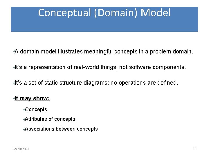 Conceptual (Domain) Model A domain model illustrates meaningful concepts in a problem domain. It’s