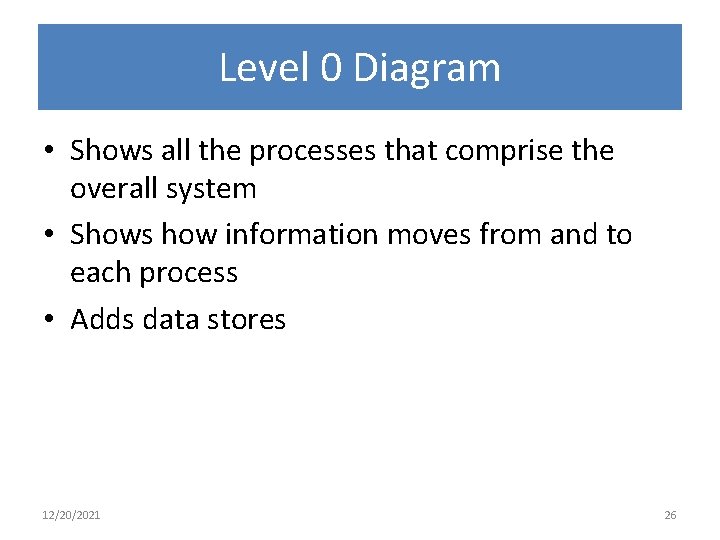 Level 0 Diagram • Shows all the processes that comprise the overall system •