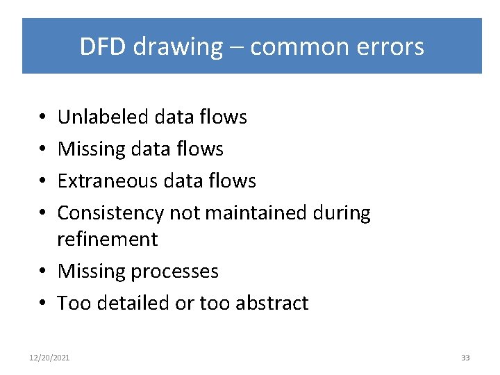 DFD drawing – common errors Unlabeled data flows Missing data flows Extraneous data flows