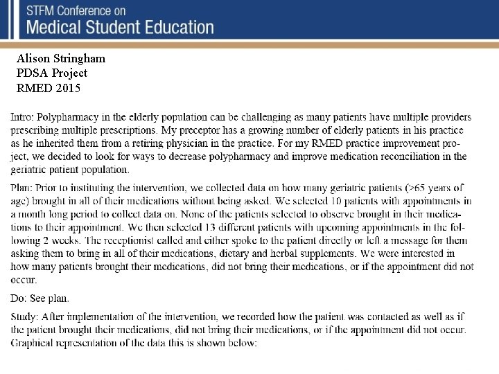 Alison Stringham PDSA Project RMED 2015 Alison Stringham PDSA Project RMED 2015