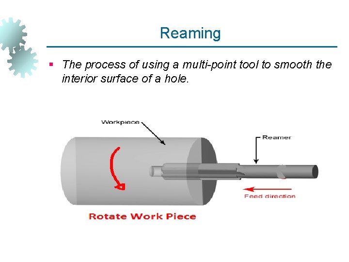 Reaming § The process of using a multi-point tool to smooth the interior surface