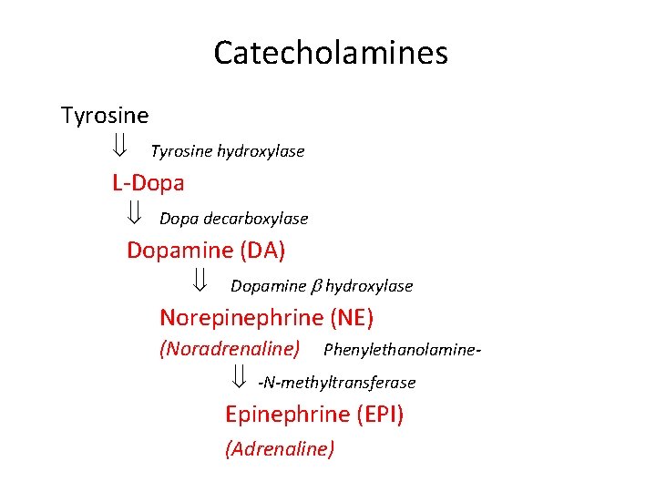 Catecholamines Tyrosine hydroxylase L-Dopa decarboxylase Dopamine (DA) Dopamine hydroxylase Norepinephrine (NE) (Noradrenaline) Phenylethanolamine- -N-methyltransferase