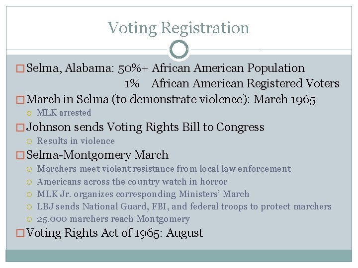 Voting Registration � Selma, Alabama: 50%+ African American Population 1% African American Registered Voters