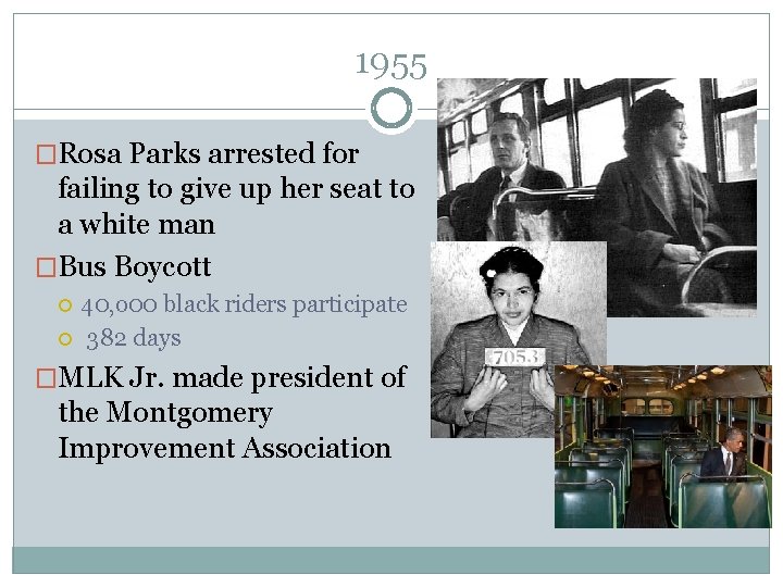 1955 �Rosa Parks arrested for failing to give up her seat to a white